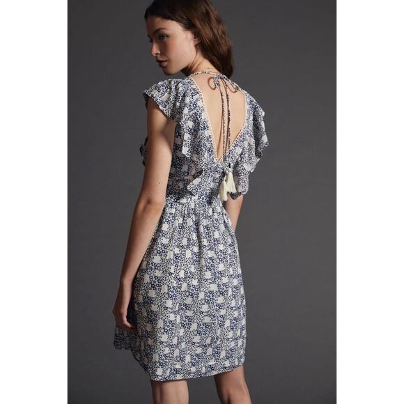 Anthropologie V-Neck Plunge Tunic Mini Dress Blue XS Cottagecore Boho Coquette - Picture 2 of 9